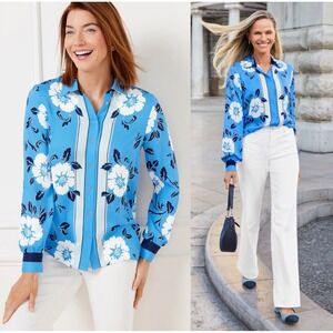 Talbots Blue Floral Stripe Button Up Shirt Top Blouse Womens Size Petite XS 2
